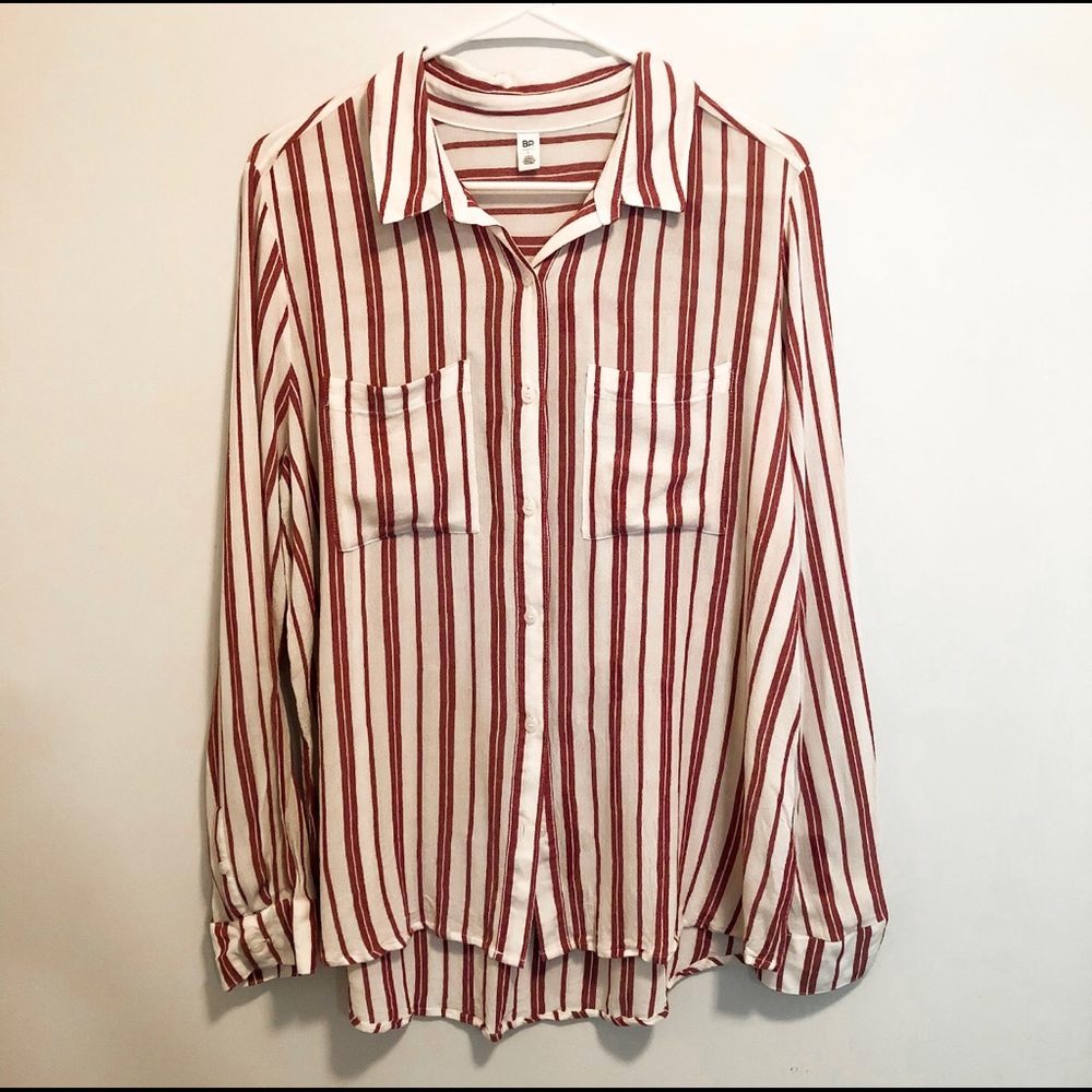 White and muted red striped button down shirt